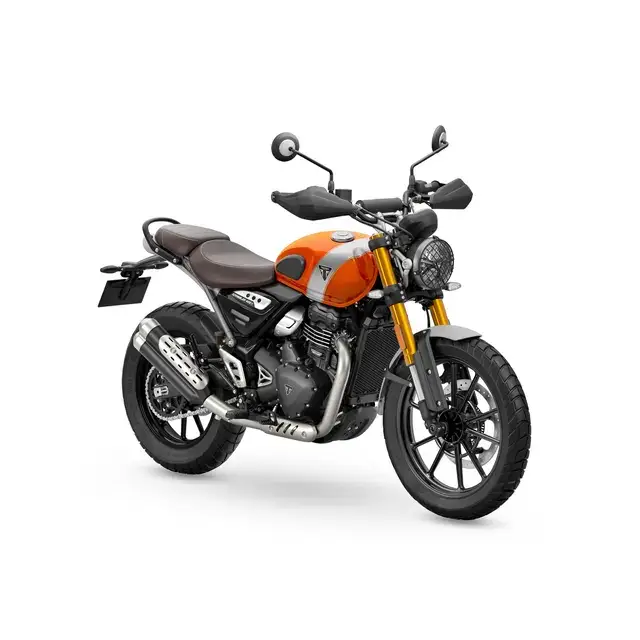 Triumph Scrambler 400 X 2026 med big piston i oransje og svart retrodesign