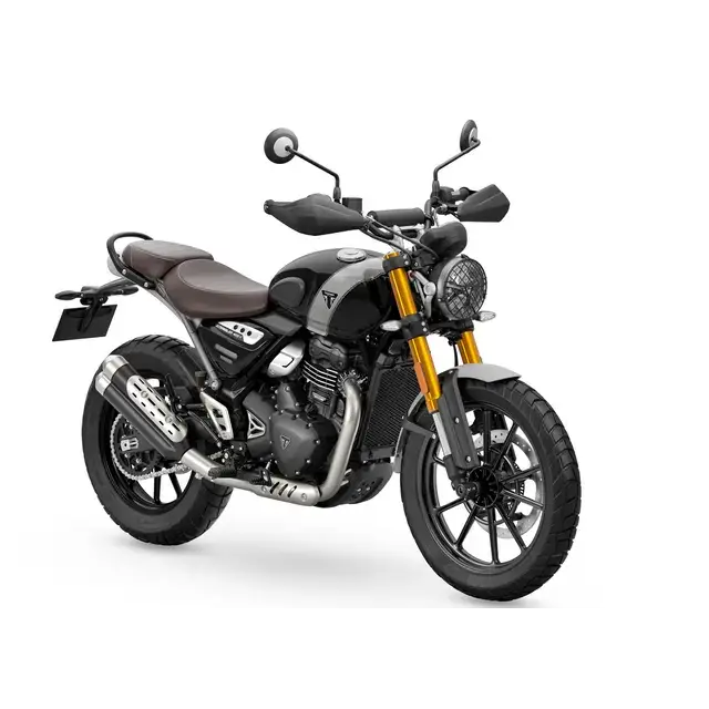 Svart og sølv Triumph Scrambler 400 X 2026 med gullfargede forpoter