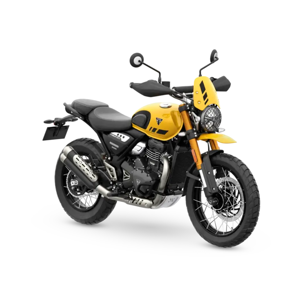 Gul Triumph Scrambler 400 XC 2026 med sorte accenter og klassisk design