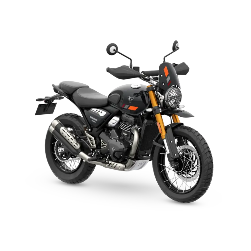 Svart Triumph Scrambler 400 XC 2026 med orange aksenter og kromdetaljer