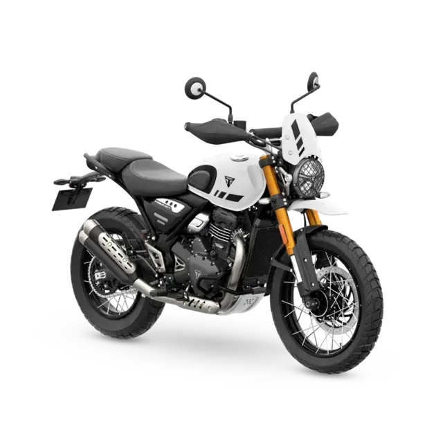 Hvit Triumph Scrambler 400 XC 2026 med svarte accenter og oransje gaffel