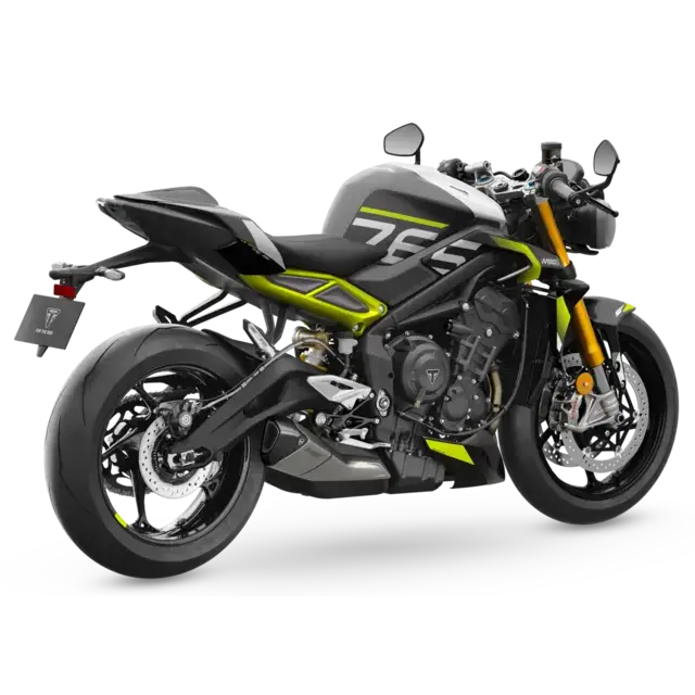 Svart Triumph Street Triple Moto2™ Edition 2026 med neon grønn nummerert gaffelbro