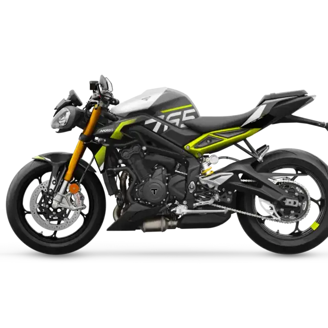 Svart og neon grønn Triumph Street Triple Moto2™-utgave med nummerert gaffelbro