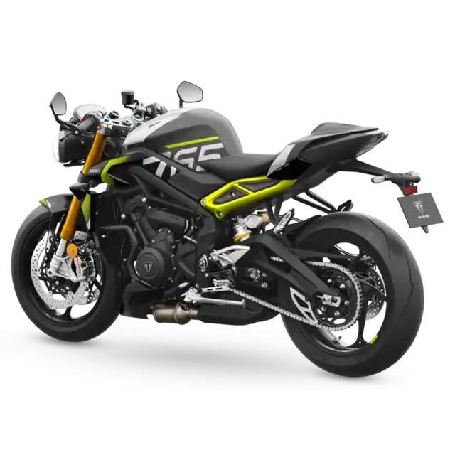 Svart og neon grønn Triumph Street Triple Moto2™ 2026 med nummerert gaffelbro
