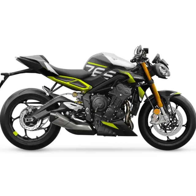 Svart og neon grønn Triumph Street Triple Moto2™ 2026 med nummerert gaffelbro