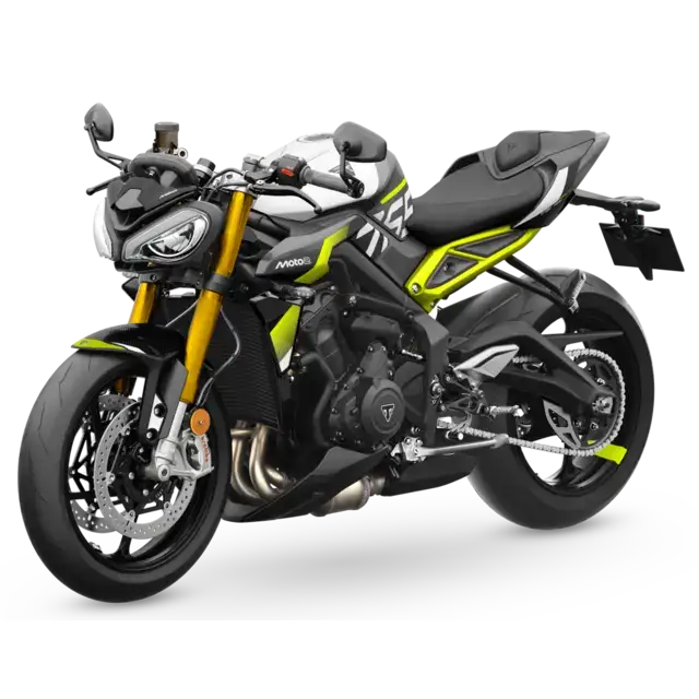 S Triumph Street Triple Moto2 2026 med svart og neon grønn design og gull nummerert gaffelbro
