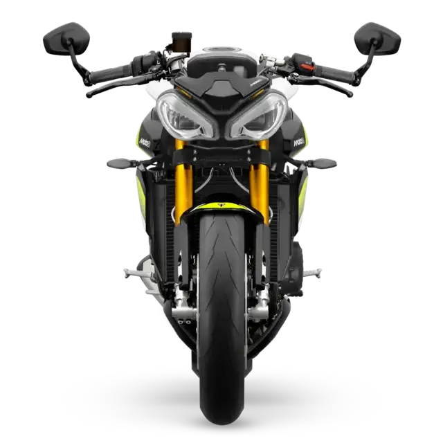 Svart og gul Triumph Street Triple Moto2 2026 med nummerert gaffelbro