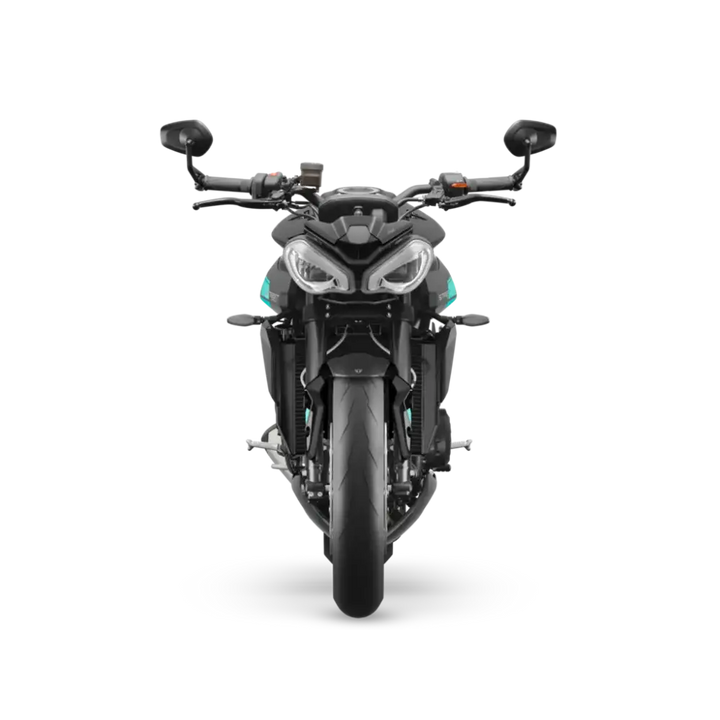 Svart og teal Triumph Street Triple RS 2026 motorsykkel med moderne design og optimalisert cornering ABS