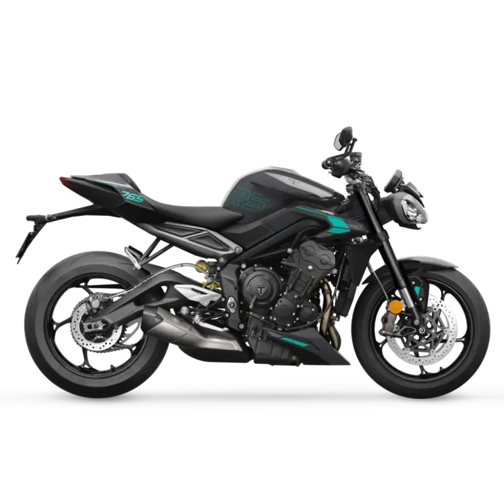 Svart Triumph Street Triple RS 2026 motorsykkel med teal aksenter og sporty design med optimalisert cornering ABS
