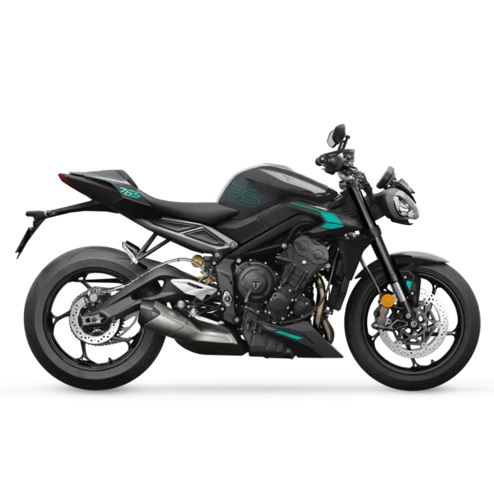 Svart Triumph Street Triple RS 2026 motorsykkel med teal aksenter og sporty design med optimalisert cornering ABS