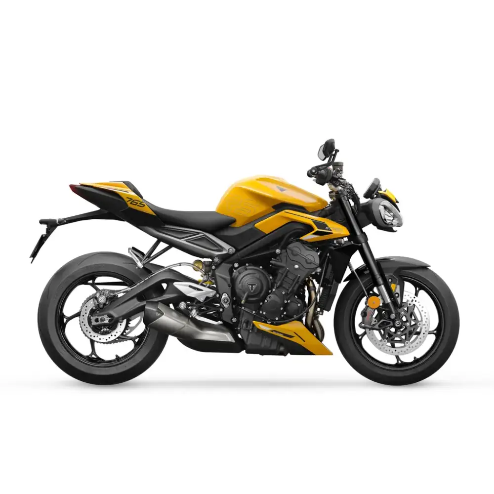 Gul og svart Triumph Street Triple RS 2026 med moderne design og optimalisert cornering ABS