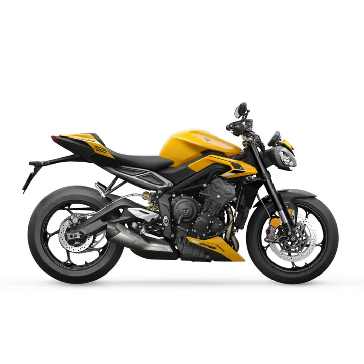 Gul og svart Triumph Street Triple RS 2026 med moderne design og optimalisert cornering ABS