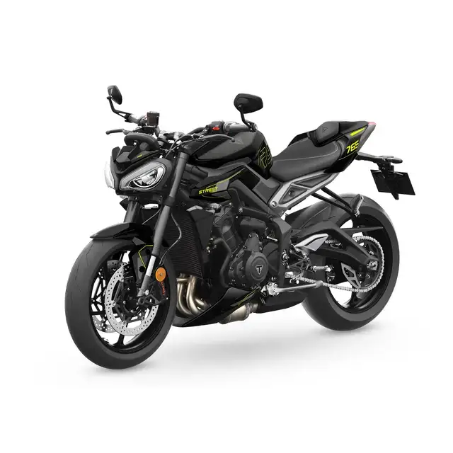 Svart Triumph Street Triple RS 2026 med neon grønne accenter og optimalisert cornering ABS