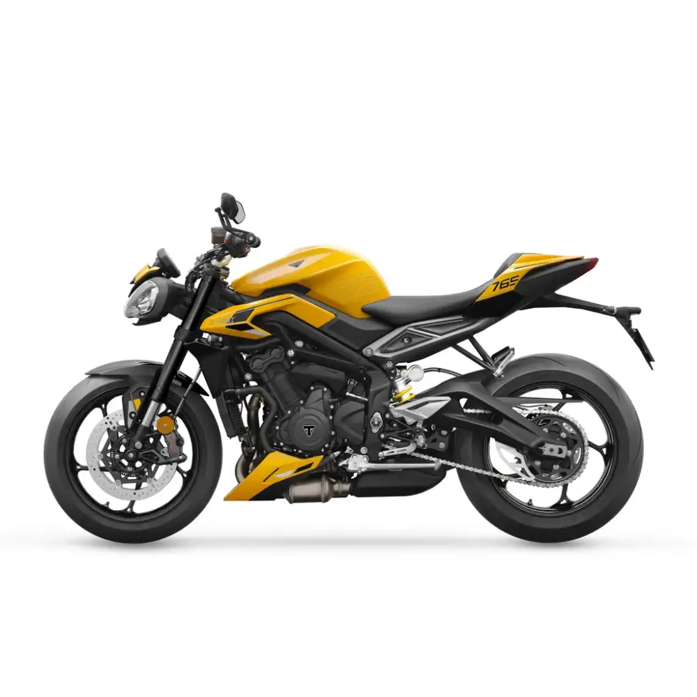 Gul og svart Triumph Street Triple RS 2026 med sporty design og optimalisert cornering ABS