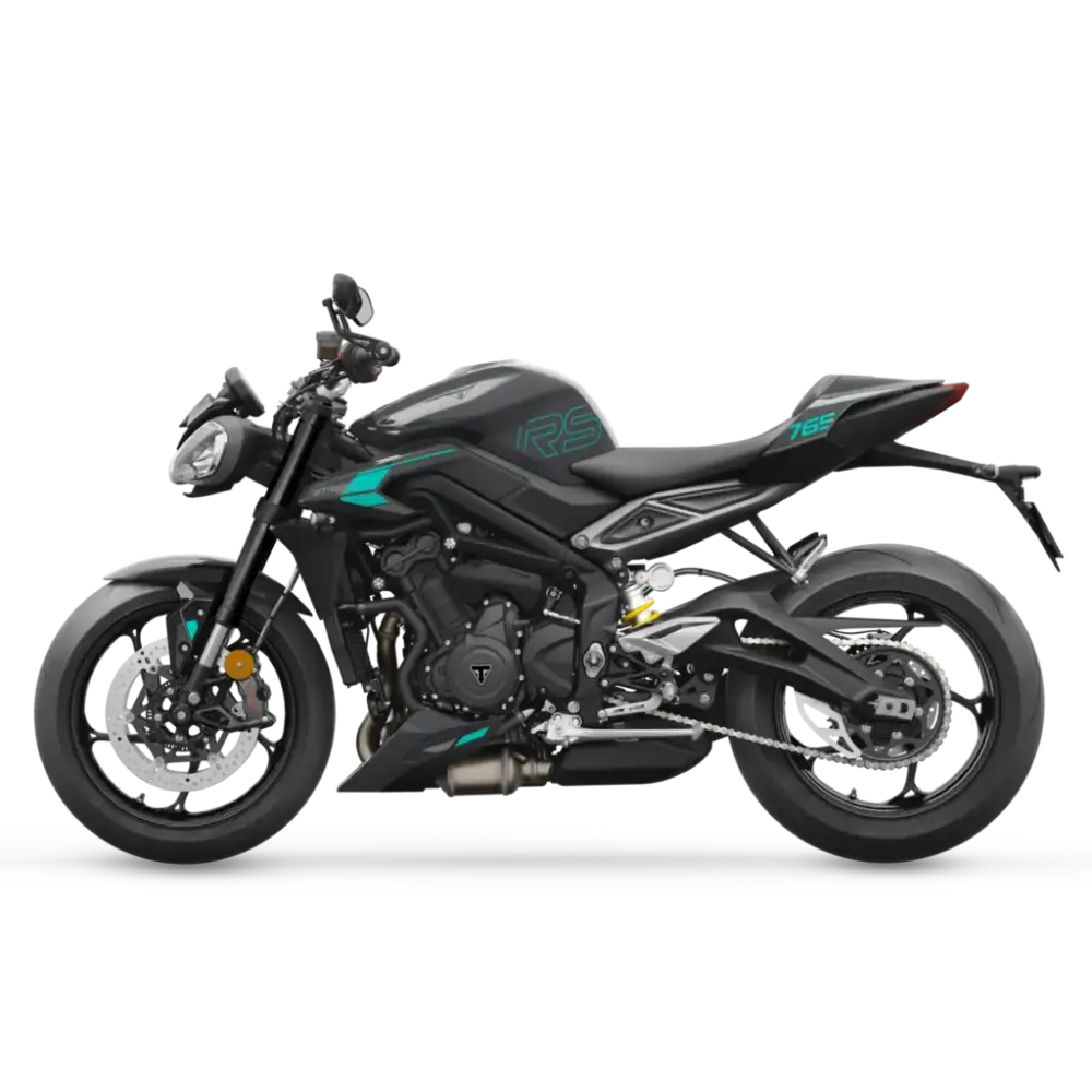 Svart og teal Triumph Street Triple RS 2026 motorsykkel med sporty design og optimalisert cornering ABS