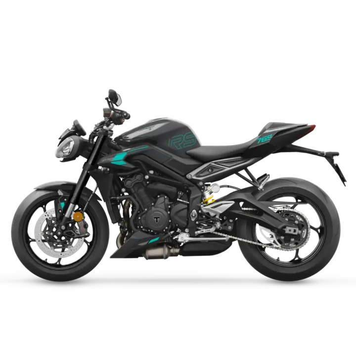 Svart og teal Triumph Street Triple RS 2026 motorsykkel med sporty design og optimalisert cornering ABS