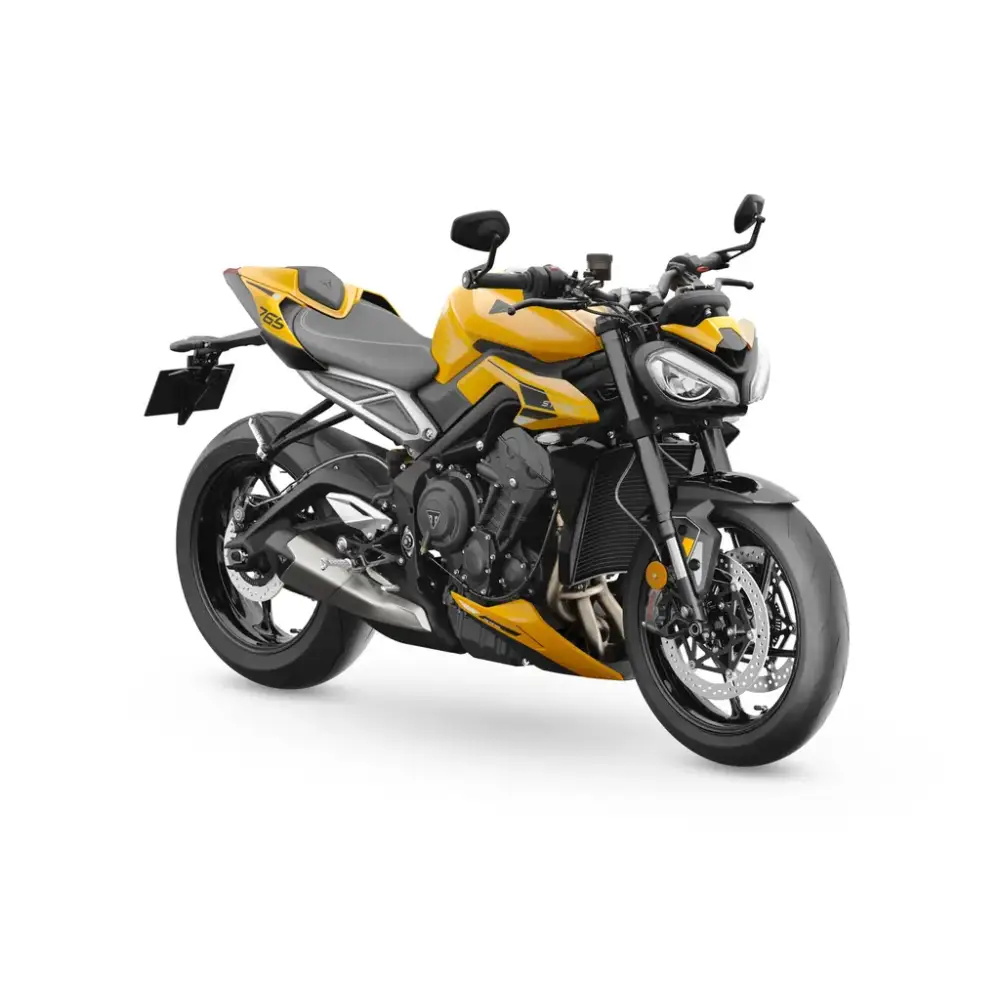 Vibrant gul og svart Triumph Street Triple RS 2026 med sporty design og optimalisert cornering ABS