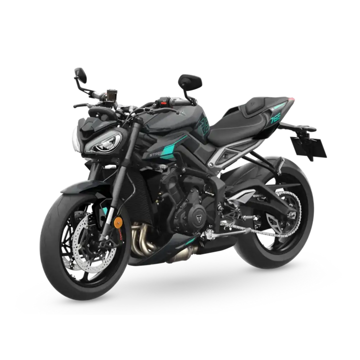 Svart og teal Triumph Street Triple RS 2026 med optimalisert hjørne-ABS
