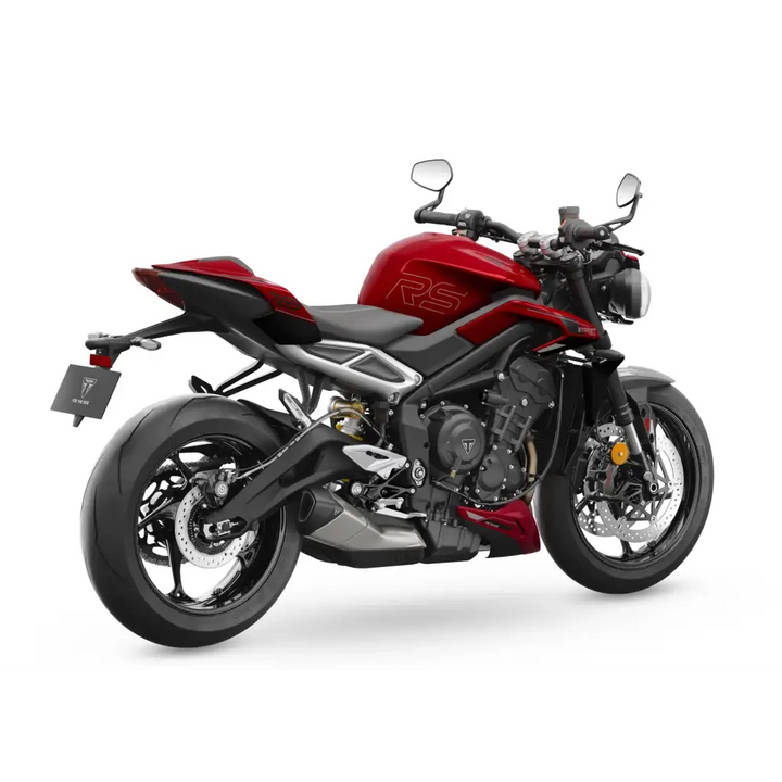 Rød og svart Triumph Street Triple RS 2026 med sporty design, krom og optimalisert cornering ABS
