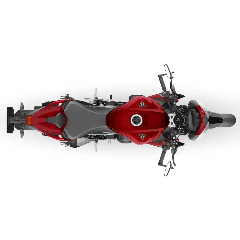 Rød og svart Triumph Street Triple RS 2026 med sporty design og optimalisert hjørne-ABS