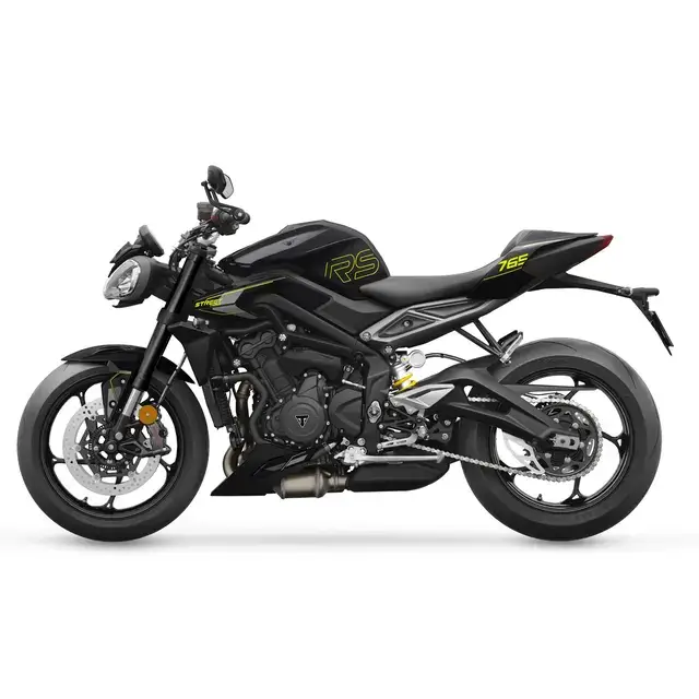Svart Triumph Street Triple RS 2026 med neon grønne accenter og sporty design. Optimalisert cornering ABS