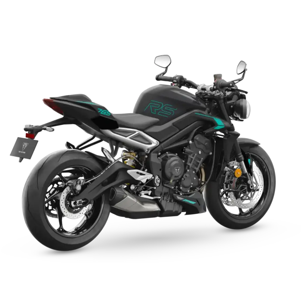 Svart og teal Triumph Street Triple RS 2026 med optimalisert cornering ABS