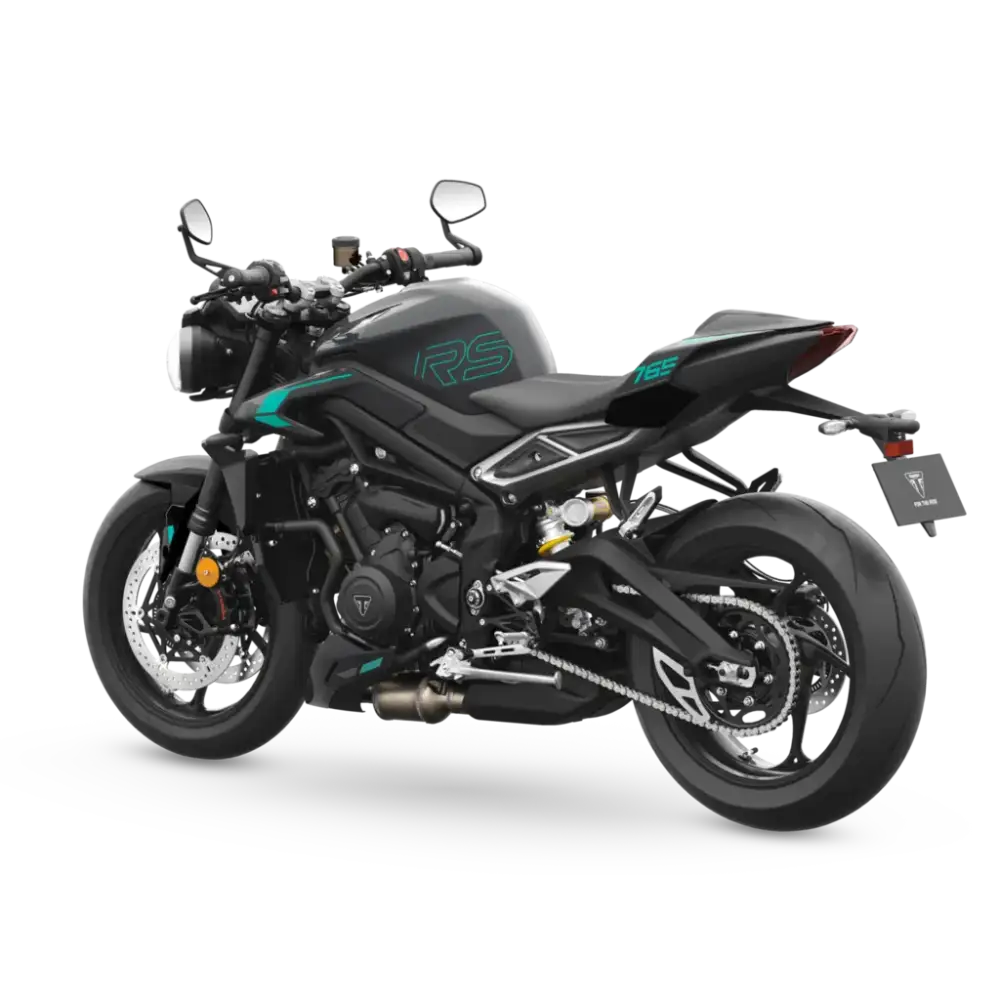 Svart og teal Triumph Street Triple RS 2026 med sporty design og optimalisert cornering ABS
