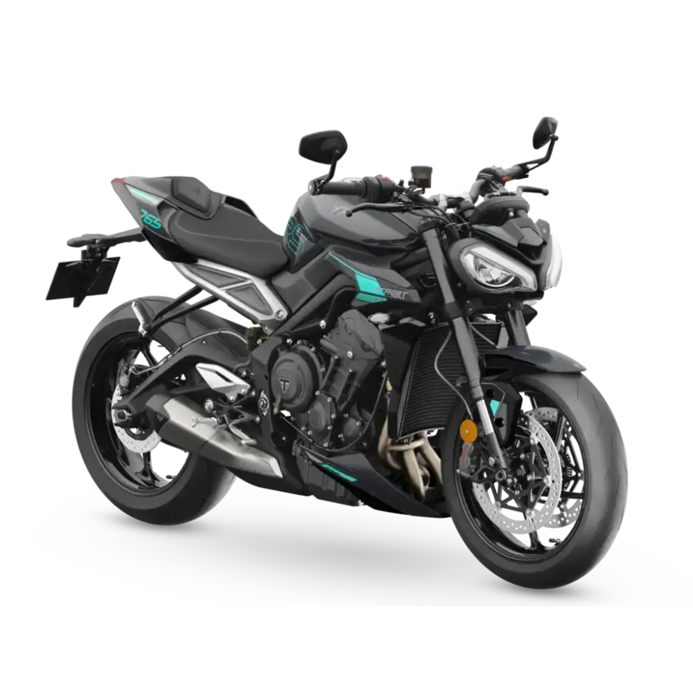 Svart og turkis Triumph Street Triple RS 2026 med sporty design og optimalisert cornering ABS