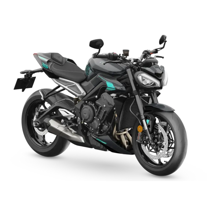 Svart og turkis Triumph Street Triple RS 2026 med sporty design og optimalisert cornering ABS