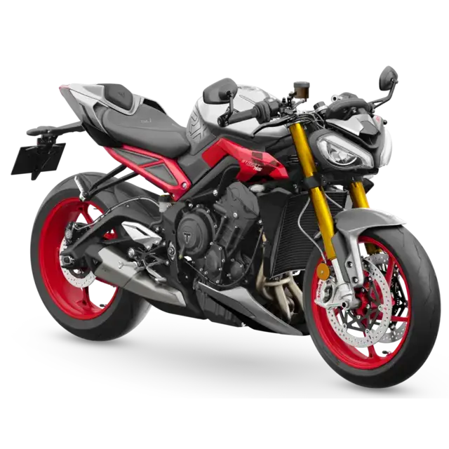 Rød og sølv Triumph Street Triple RX 2026 med gullforakser