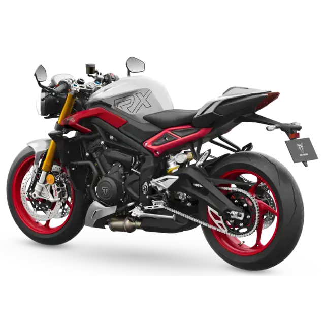 Rød og sølv Triumph Street Triple RX 2026 motorsykkel med svarte accenter