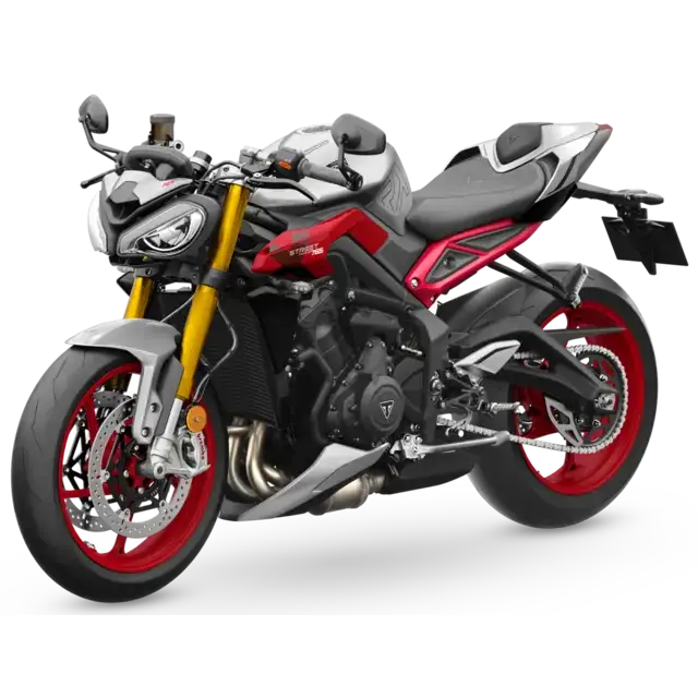 Sleek Triumph Street Triple RX 2026 i rød og sølv med Pirelli Diablo Supercorsa-dekk