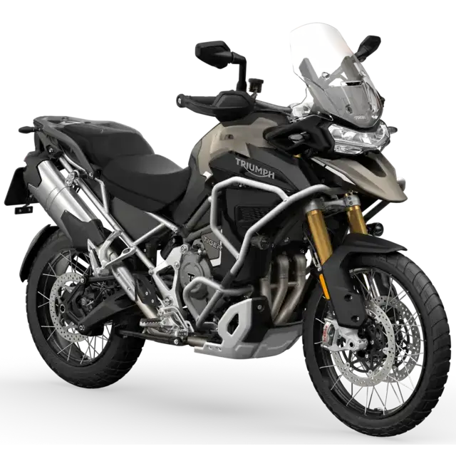 Triumph Tiger Rally Explorer 2026 med matte svart, sølv og gullgaffel