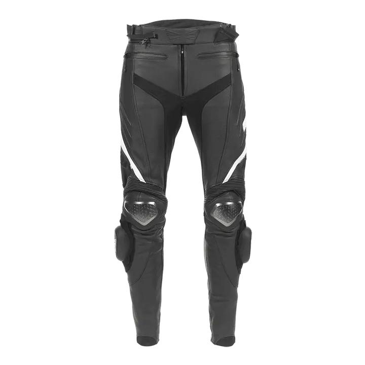 Sort svart lær motorsykkel racer bukser med hvite detaljer og knebeskyttere for Triumph Triple Leather Jeans