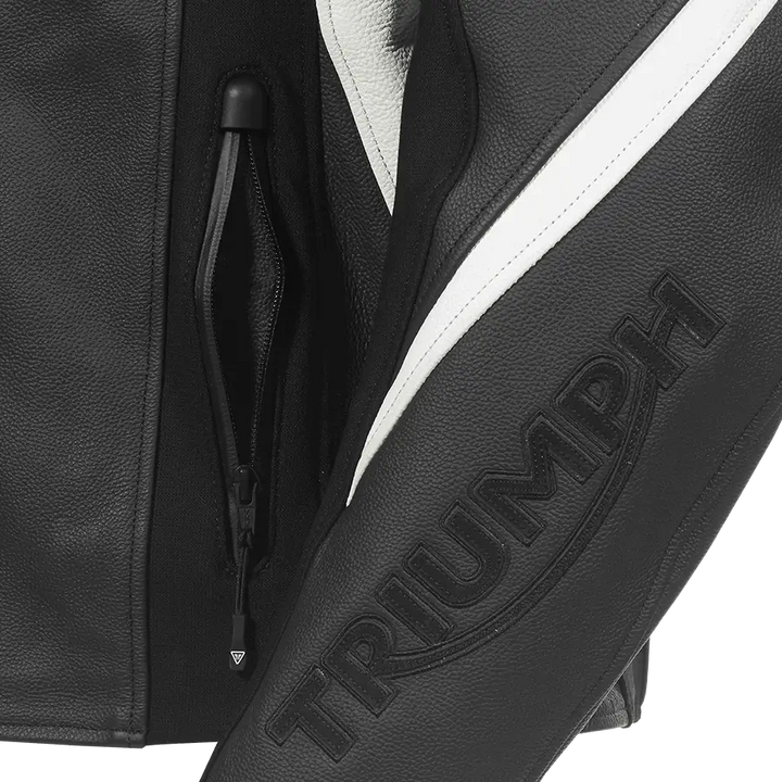 Sort svart skinnjakke for motorsykkel med hvite striper og glidelåslomme, TRIPLE LEATHERJACKET