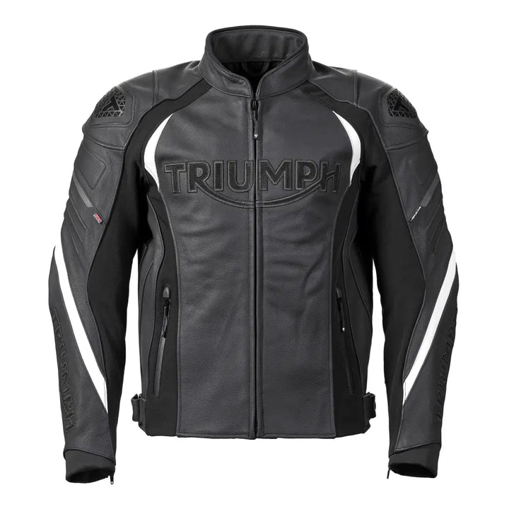 Sort svart lærermotorsykkeljakke med hvite detaljer og TRIUMPH-embossing foran