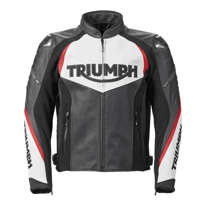 Black, hvit og rød skinnjakke til motorsykkel med Triumph-logo på brystet