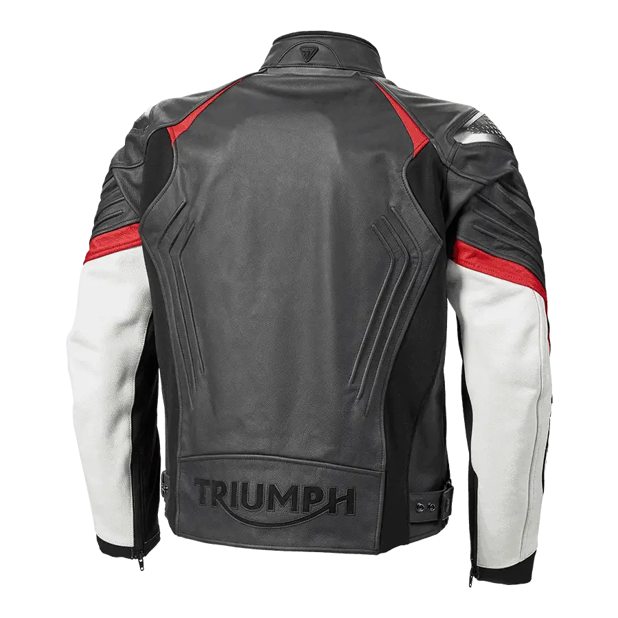 Sort og svart og hvitt skinnjakke med røde detaljer fra Triumph Triple Sport Leather Jacket