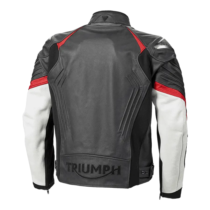 Sort og svart og hvitt skinnjakke med røde detaljer fra Triumph Triple Sport Leather Jacket