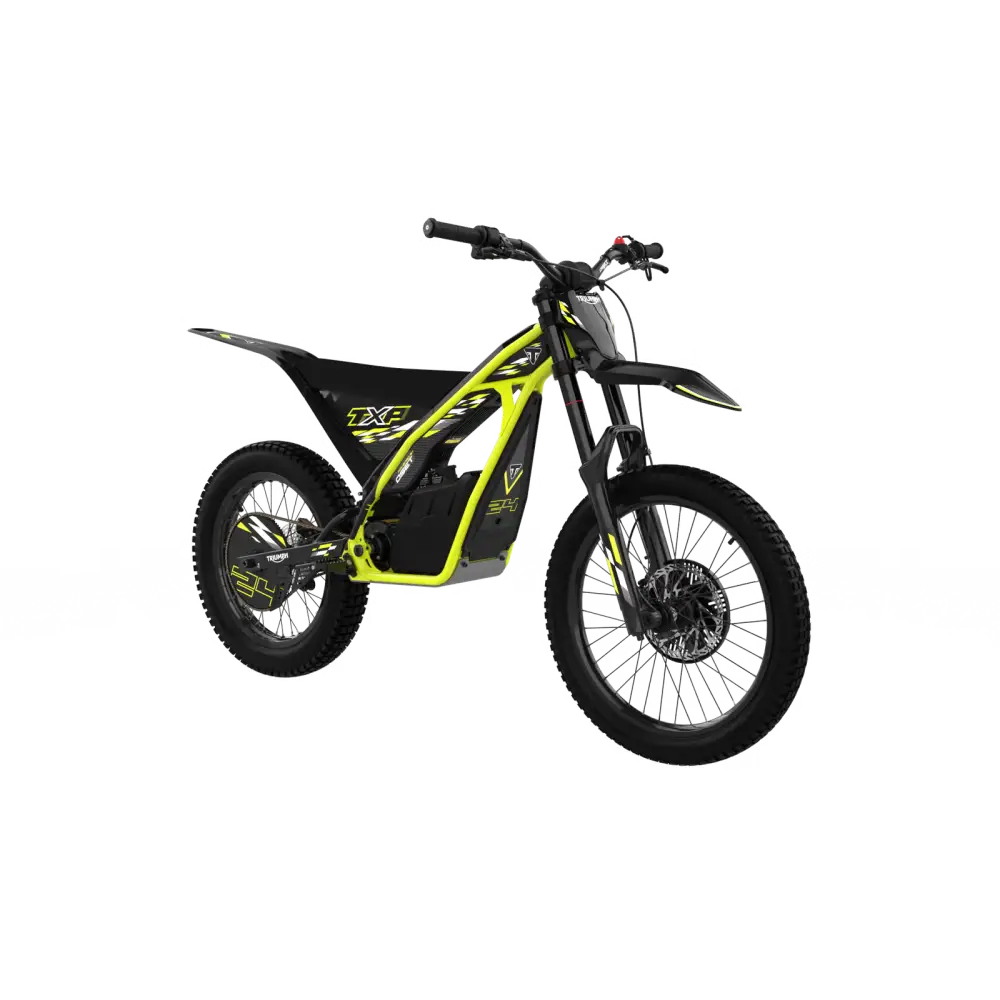 Neon gul og svart elektrisk dirt bike Triumph TXP-24 med magnetisk kill switch