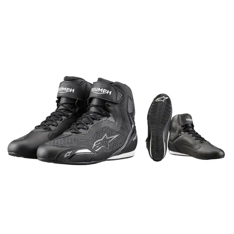 Sort høye motorsykkelstøvler i svart med hvite såler og lisser for TRIUMPH X ALPINESTARS FASTER-3 RIDEKNIT