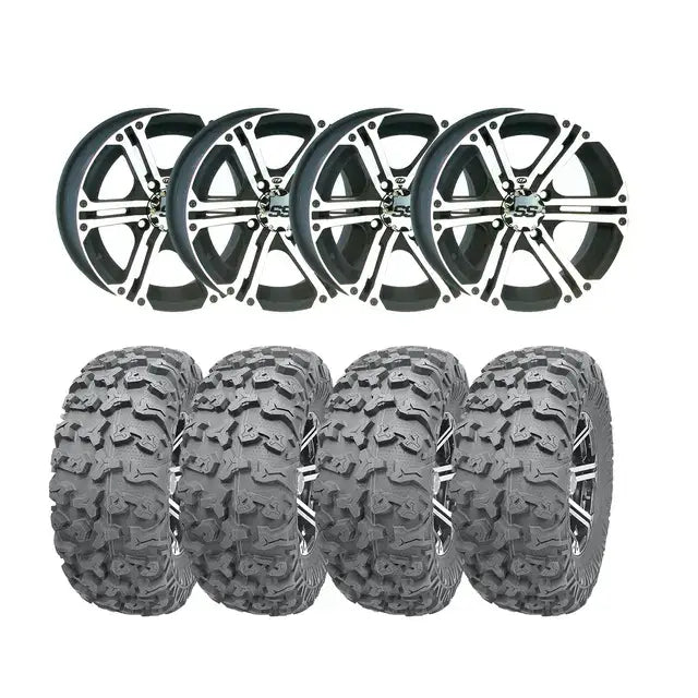 Sett på fire svarte og krom S&S hjul med aggressive terrengdekk for Can-Am 4x4